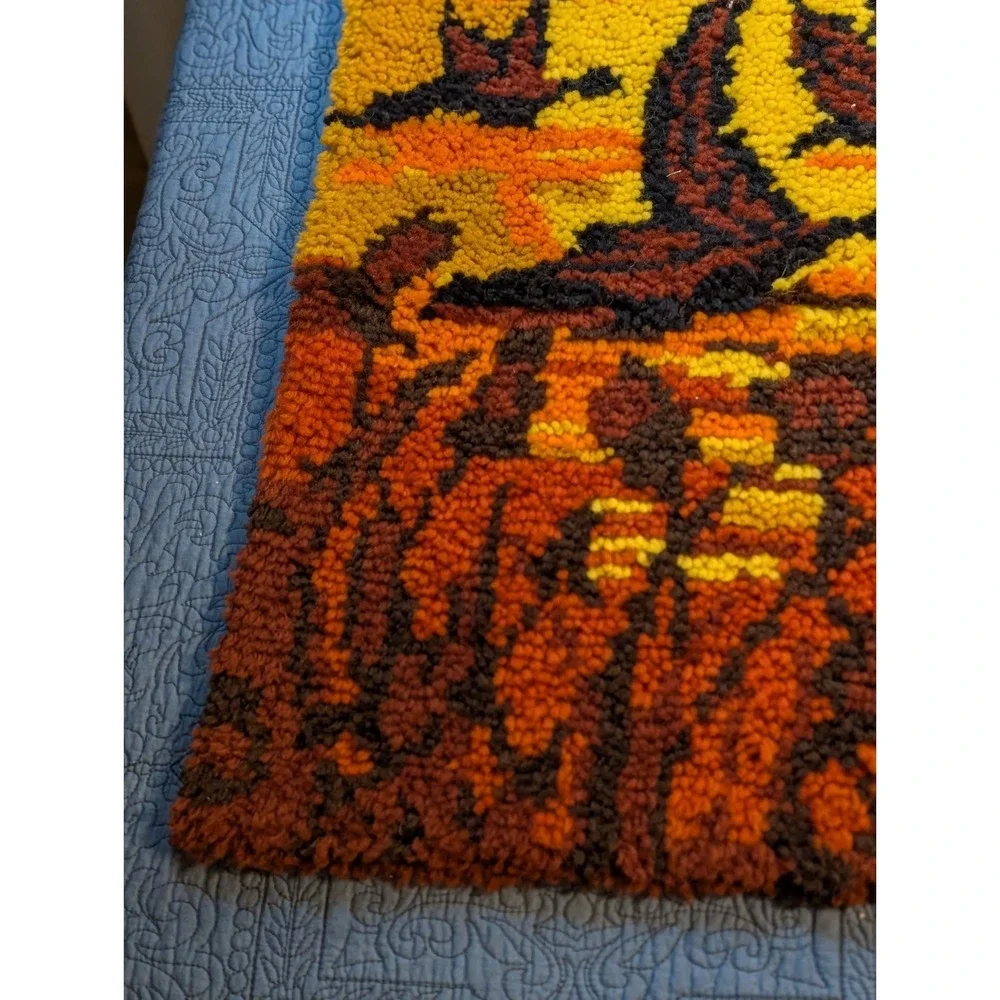 Vintage 70s Geese in Flight Latch Hook Rug Wall Hanging Sunset 24x18 Ready to...